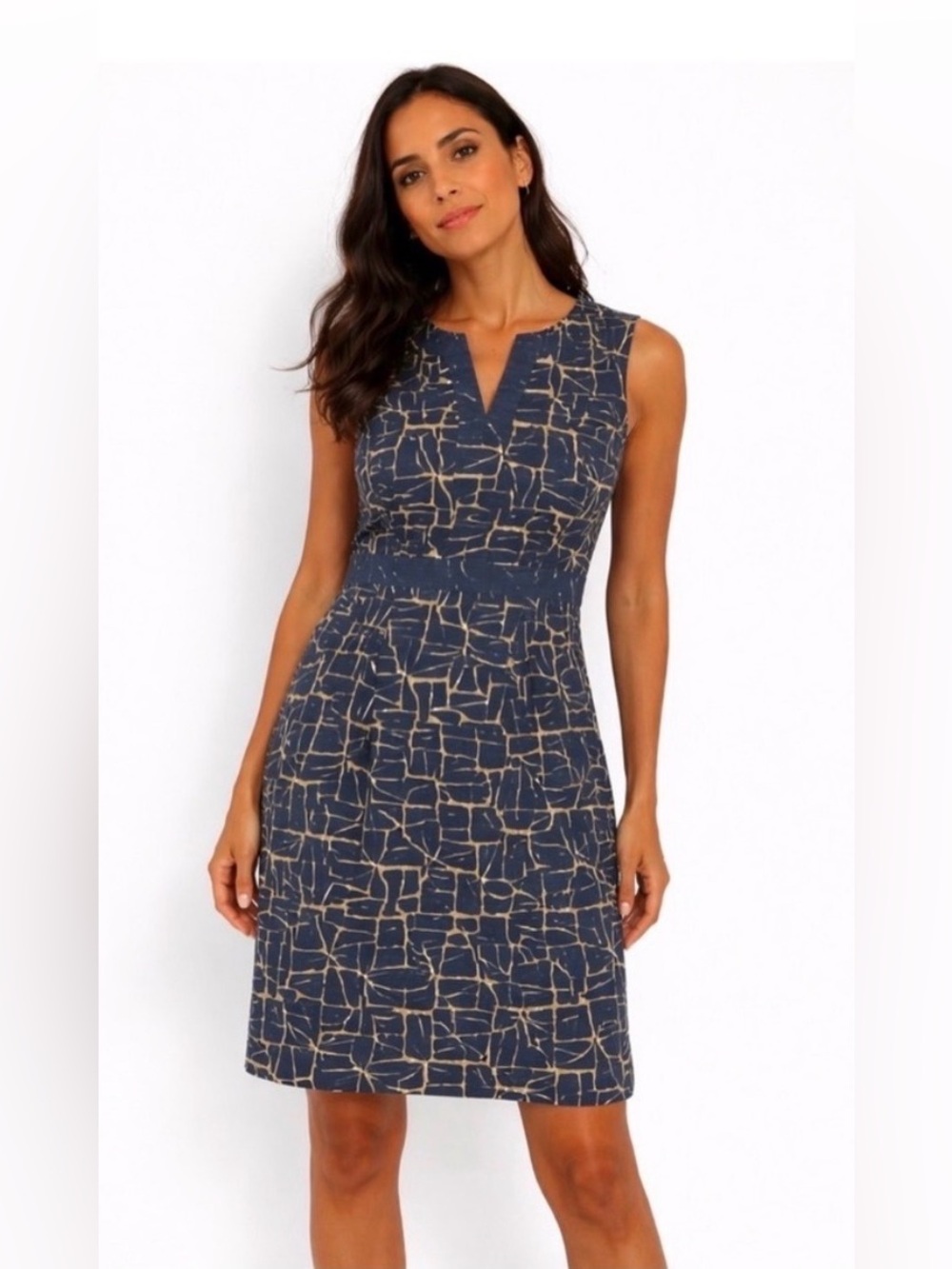 Boden Navy Blue Full Cotton Natural Fiber Sleeveless Patterned Midi Dress